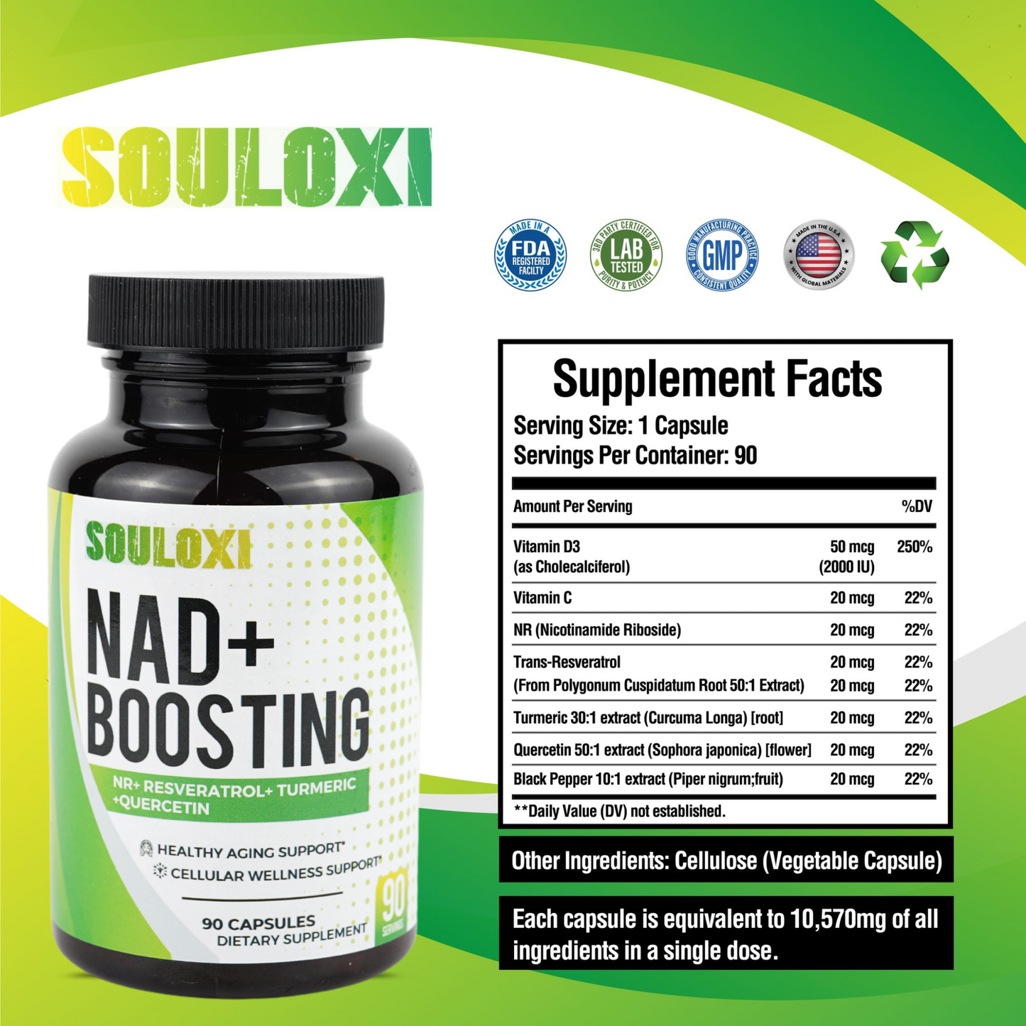 Souloxi NAD + Boosting 16,550mg- x12 Power with NR + Resveratrol Turmeric + Quercetin - Cellular Energy, Cellular Repair, Healthy Aging 90 capsules