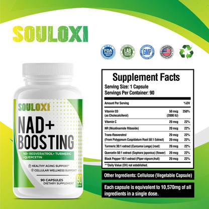 Souloxi NAD + Boosting 16,550mg- x12 Power with NR + Resveratrol Turmeric + Quercetin - Cellular Energy, Cellular Repair, Healthy Aging 90 capsules